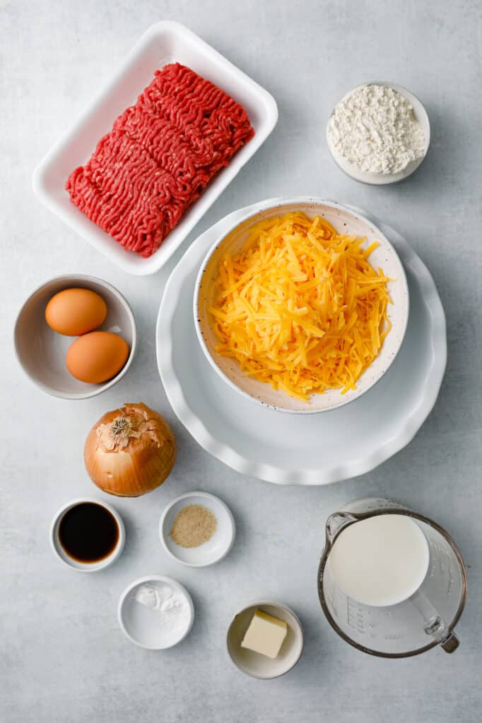 an overhead view of the ingredients to make Impossible Cheeseburger Pie