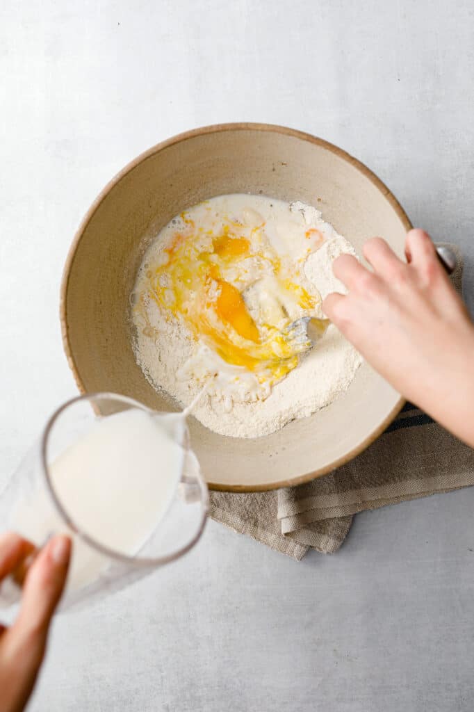 Mixing together the homemade biscuit mix for Impossible Cheeseburger Pie