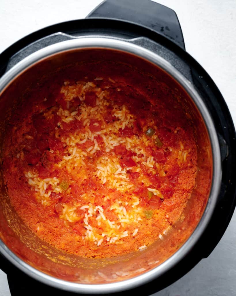 An Instant Pot full of cooked Mexican Rice