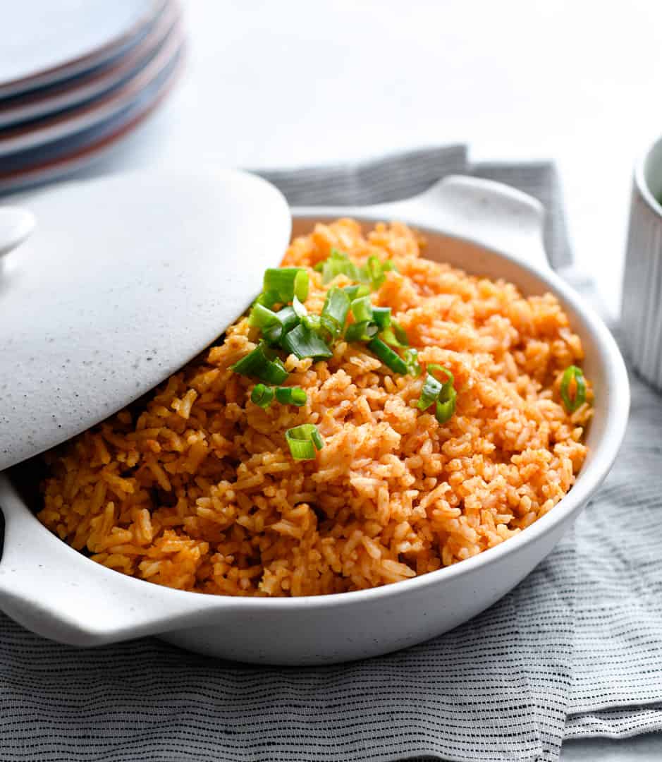 A dish of Mexican Style rice in a serving dish