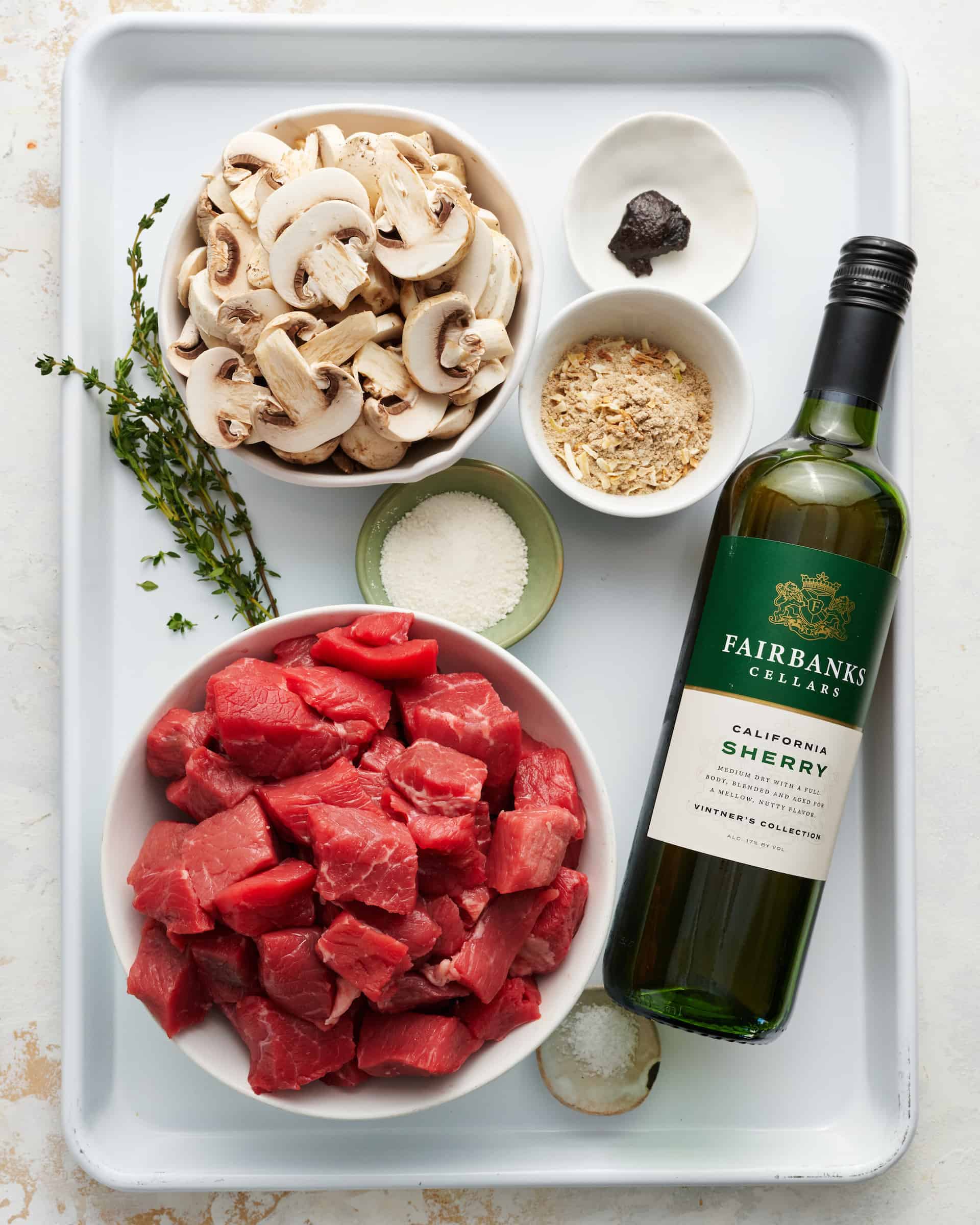 Overhead view of ingredients to make Instant Pot Sherry Beef