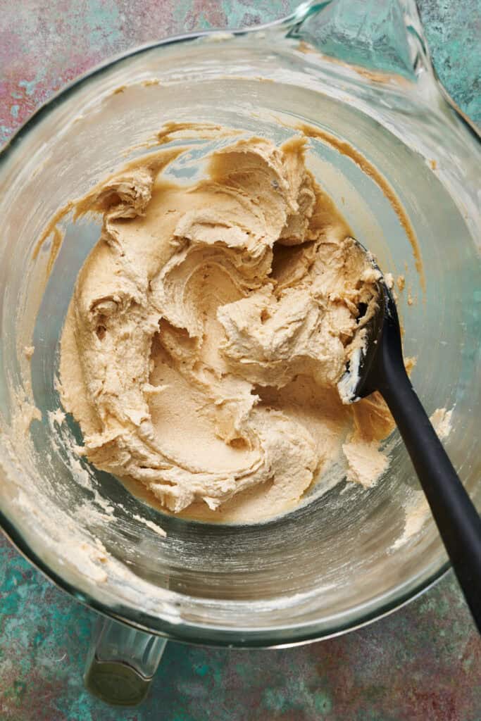 overhead view of butter creamed with sugar