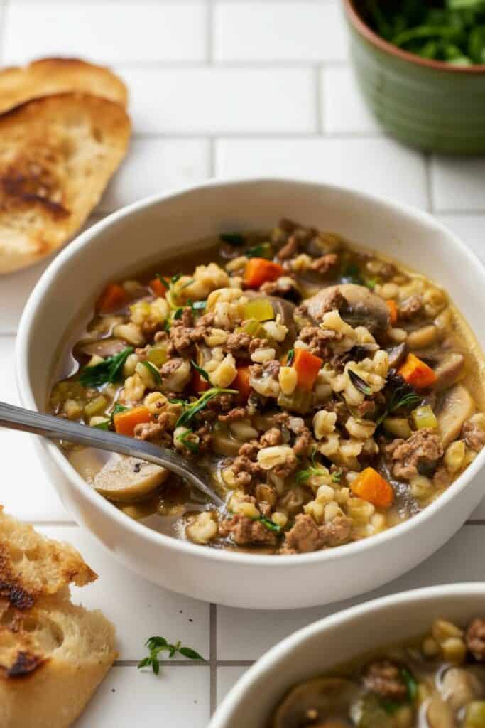 Ground Beef Barley soup made in a pressure cooker in a bowl with crusty bread on the side