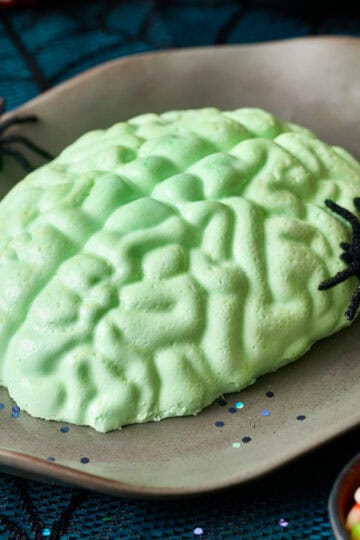 a green jell-o brain on a plate