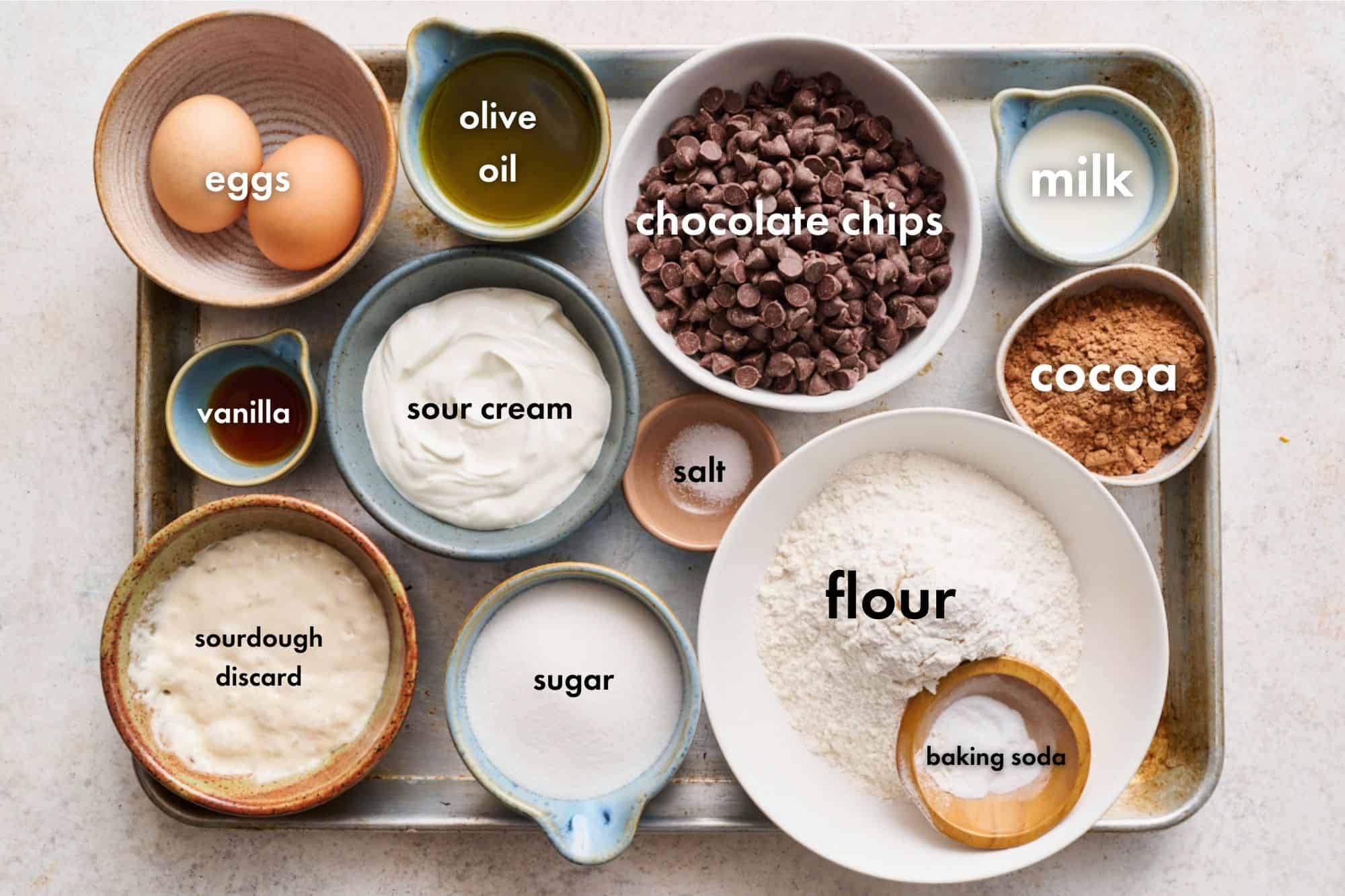 ingredients to make sourdough discard chocolate muffins including: milk, cocoa, flour, baking soda, sugar, salt, chocolate chips, olive oil, sour cream, sugar, eggs, vanilla and sourdough discard