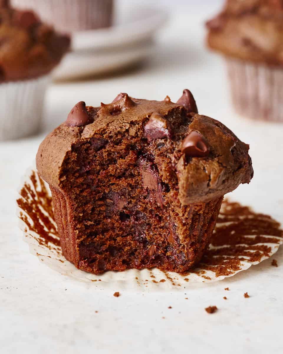a sourdough chocolate muffin with a bite taken out