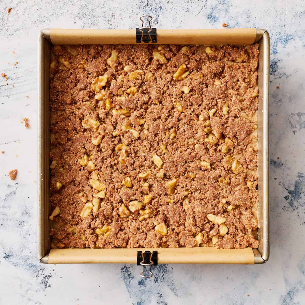 the coffee cake with all the layers assembled and ready to be baked
