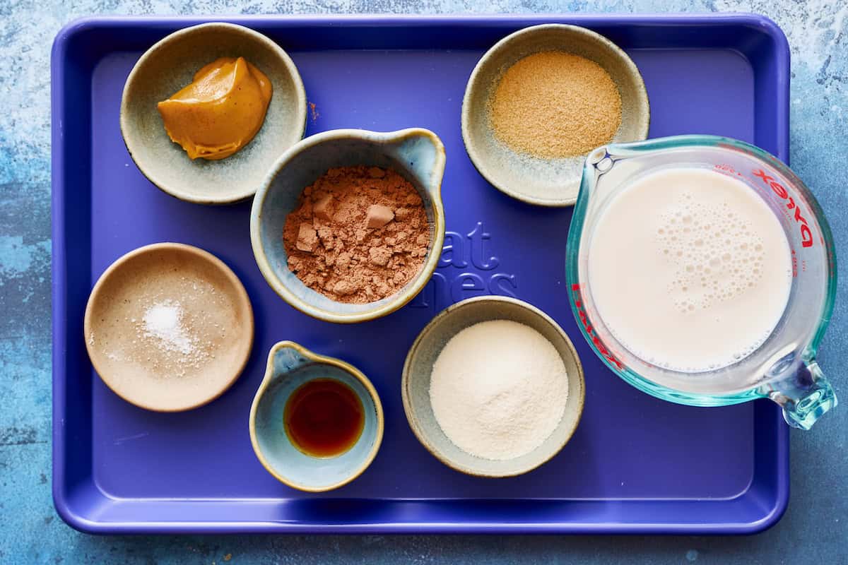 ingredients for making a chocolate peanut butter Ninja Creami including almond milk, allulose sweetener, protein powder, collagen, salt, peanut butter and vanilla
