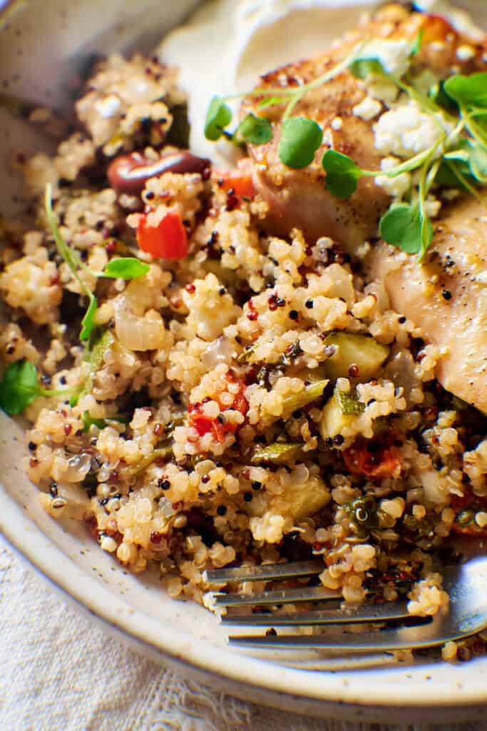 closeup of cooked quinoa with veggies