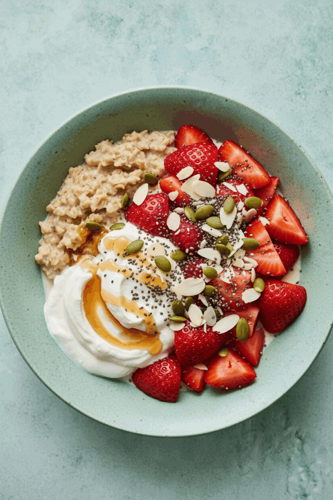bowl of oatmeal with yogurt and berries