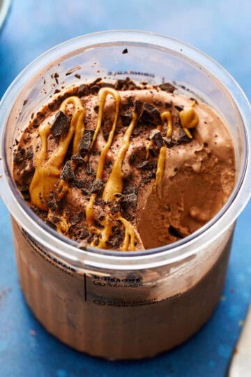 chocolate peanut butter protein ice cream with a spoonful removed