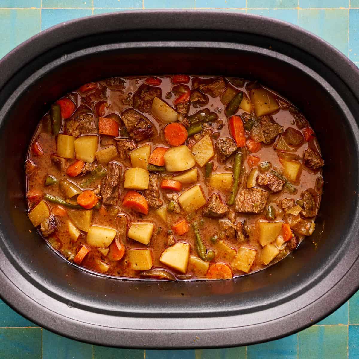 crock pot with finished beef stew