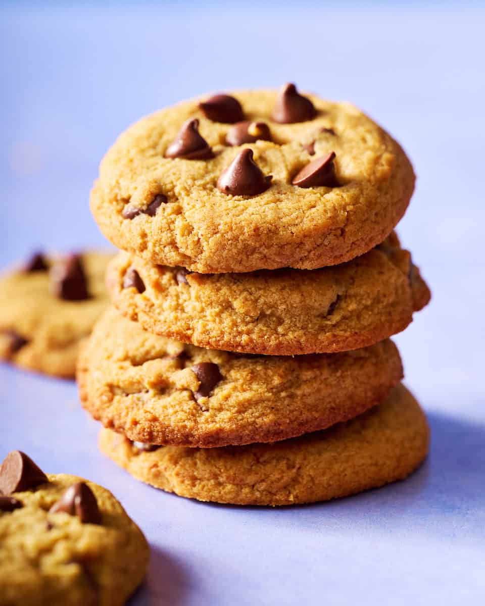a stack of sugar free chocolate chip cookies