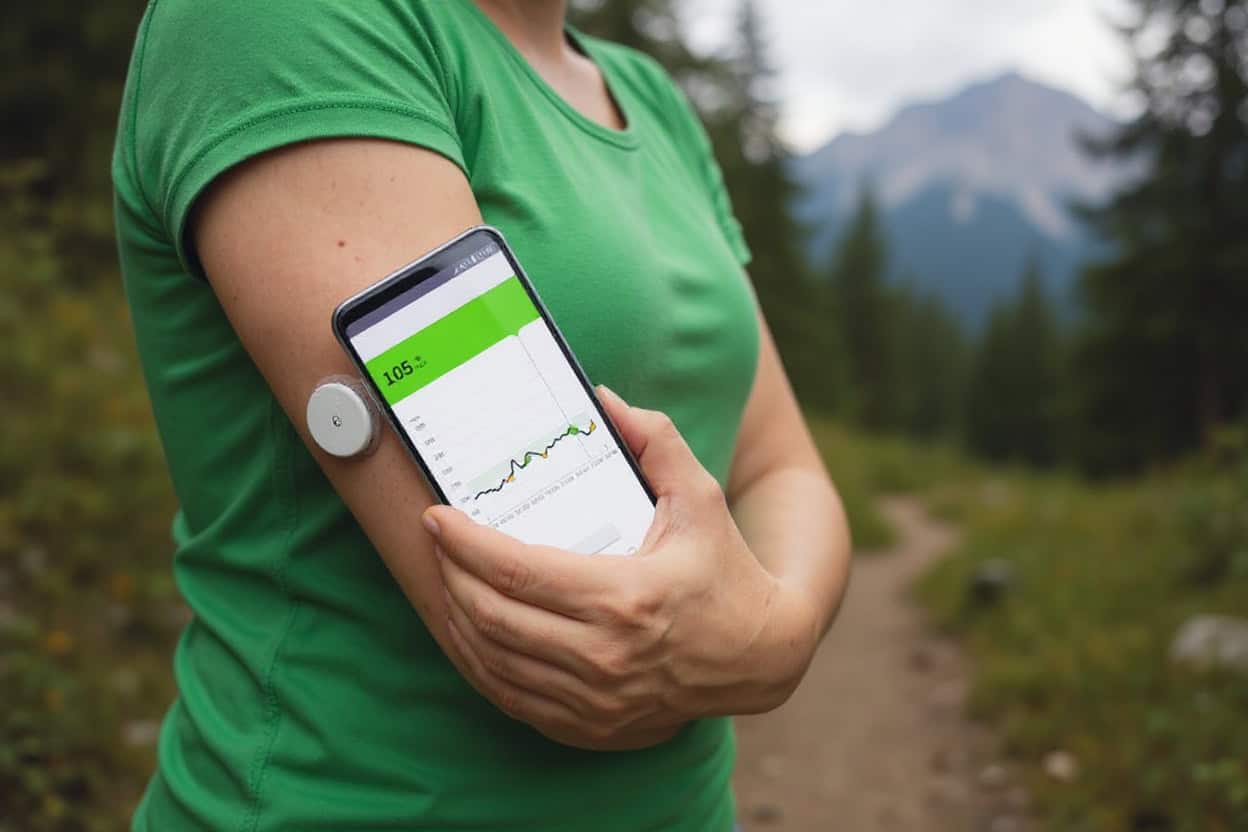 woman in green shirt with a CGM on her arm