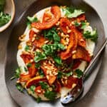 plated roasted squash with whipped ricotta and cilantro and pine nuts on the side