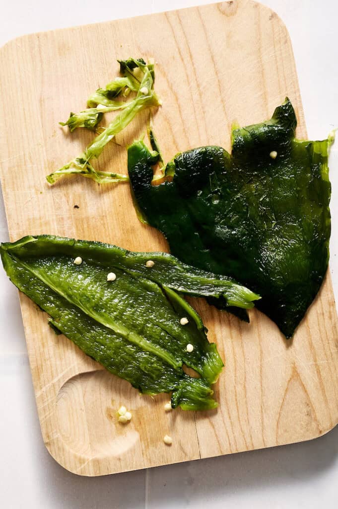 de-seeding, veining and removing skins from peppers