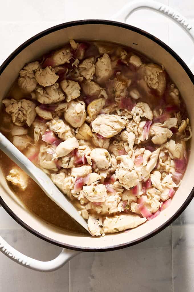 chicken and onions with spices and broth in a pot added to simmer