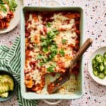 Ground Beef Enchiladas in a casserole pan