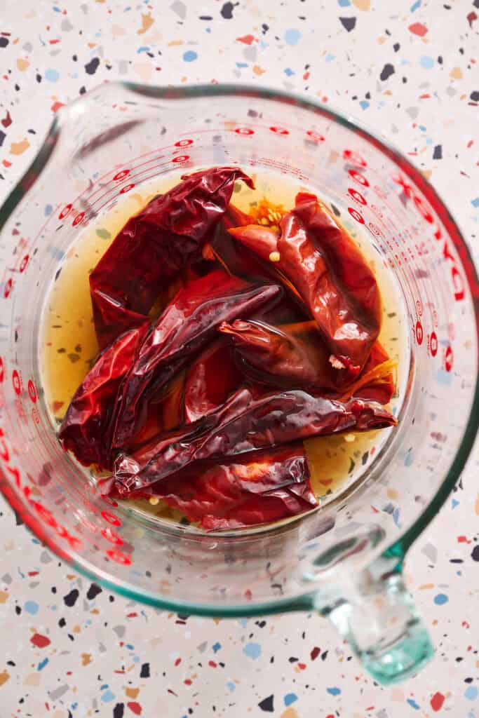 dried chile pods hydrated with water