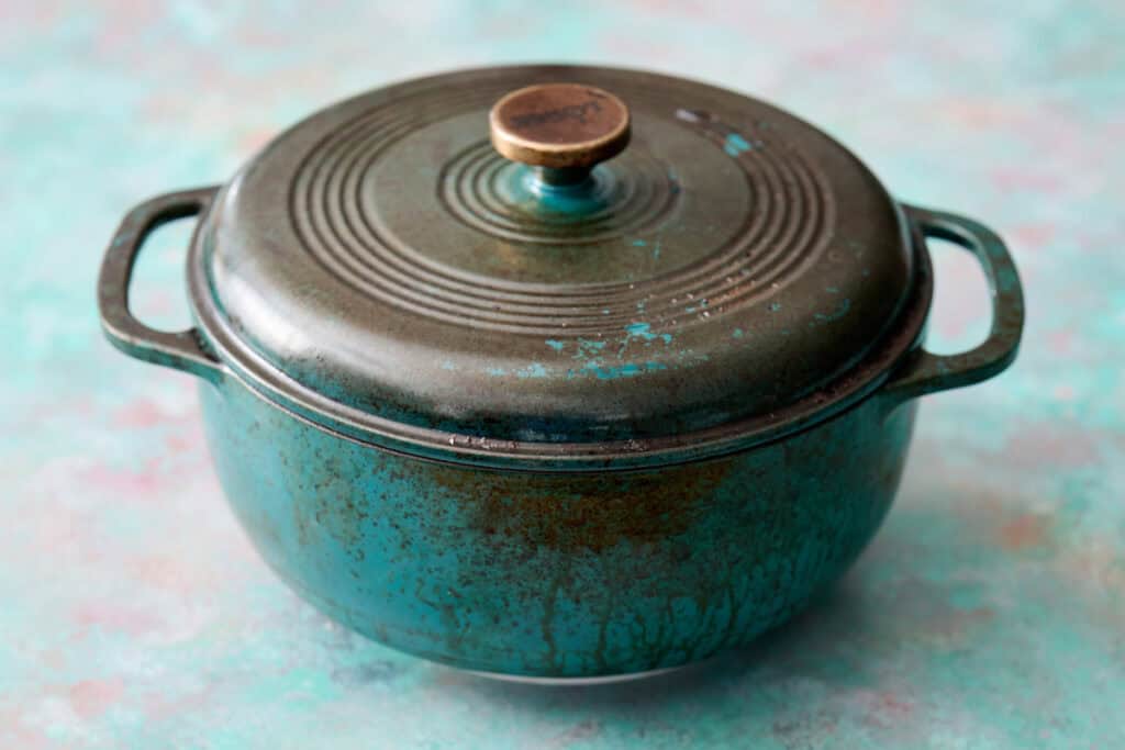 well-used dutch oven for baking sourdough artisan loaves