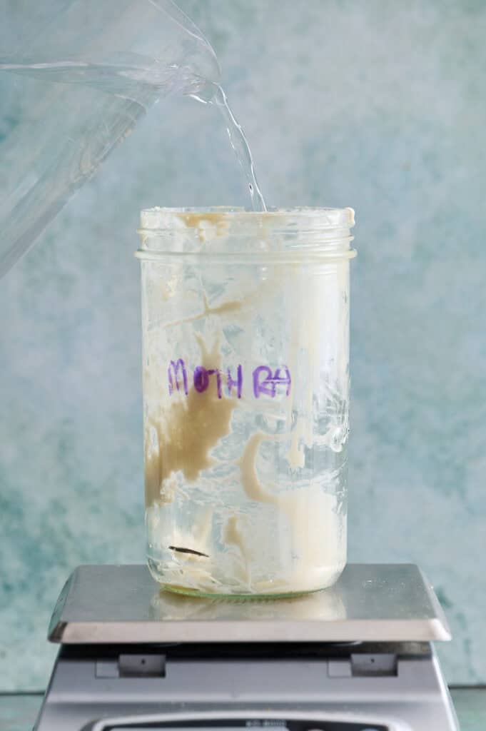 adding water to the sourdough starter during a feed