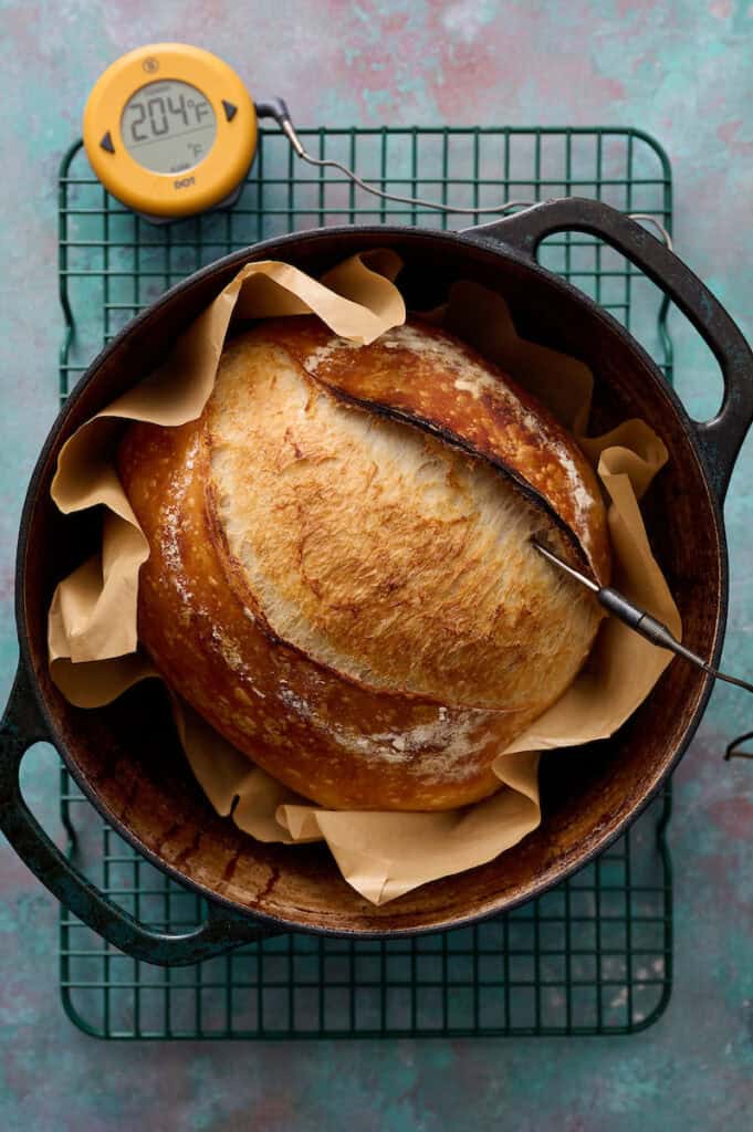 sourdough loaf in a dutch oven after being baked
