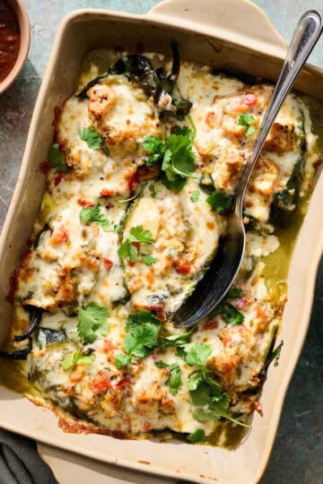 final baked poblano peppers dish with cilantro on the side