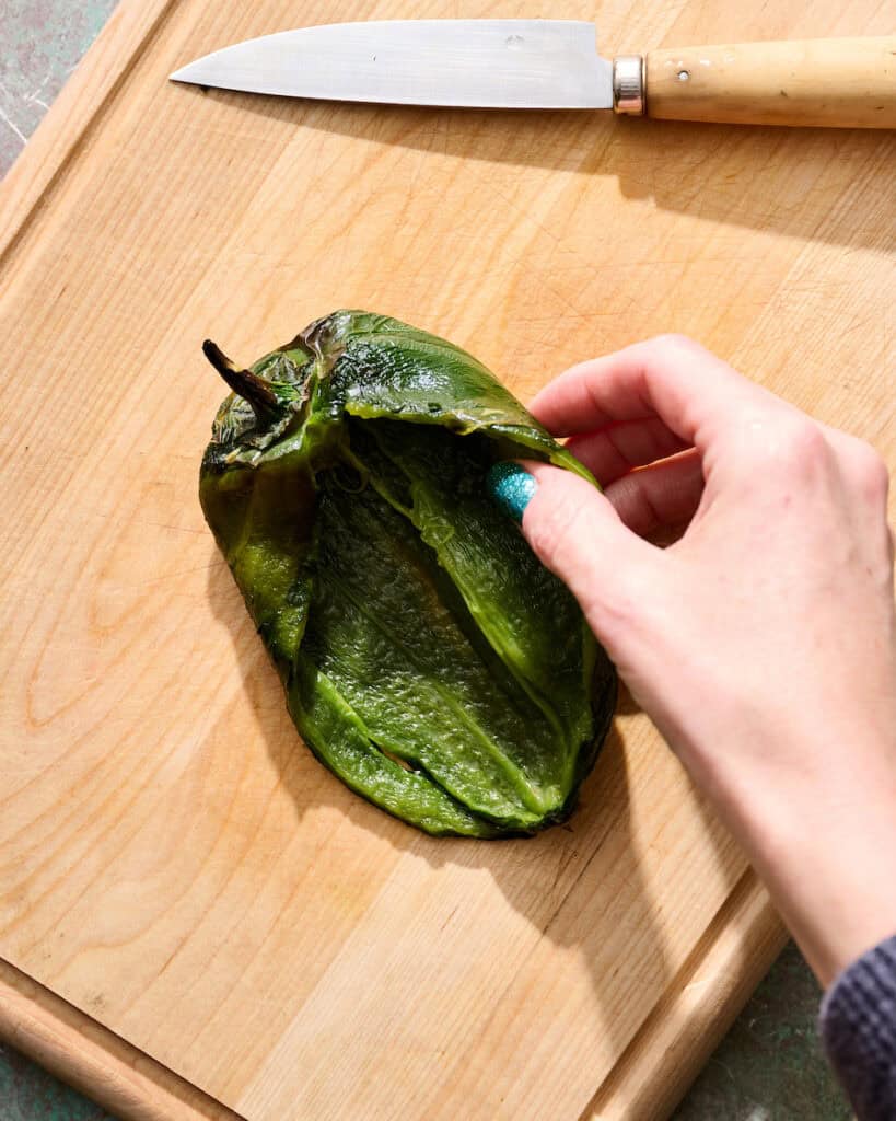 showing the poblano pepper after being skinned and seeds removed