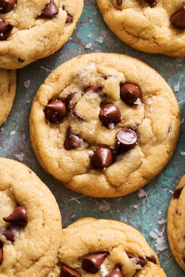 sourdough chocolate chip cookies on a surface