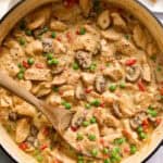 pot of chicken a la king with toast on the side