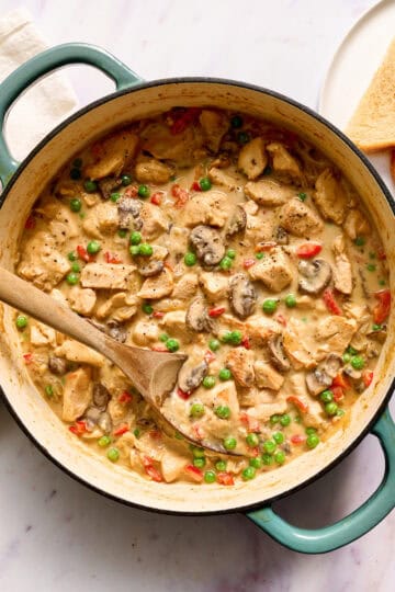 soup pot filled with chicken a la king with peas and cream sauce