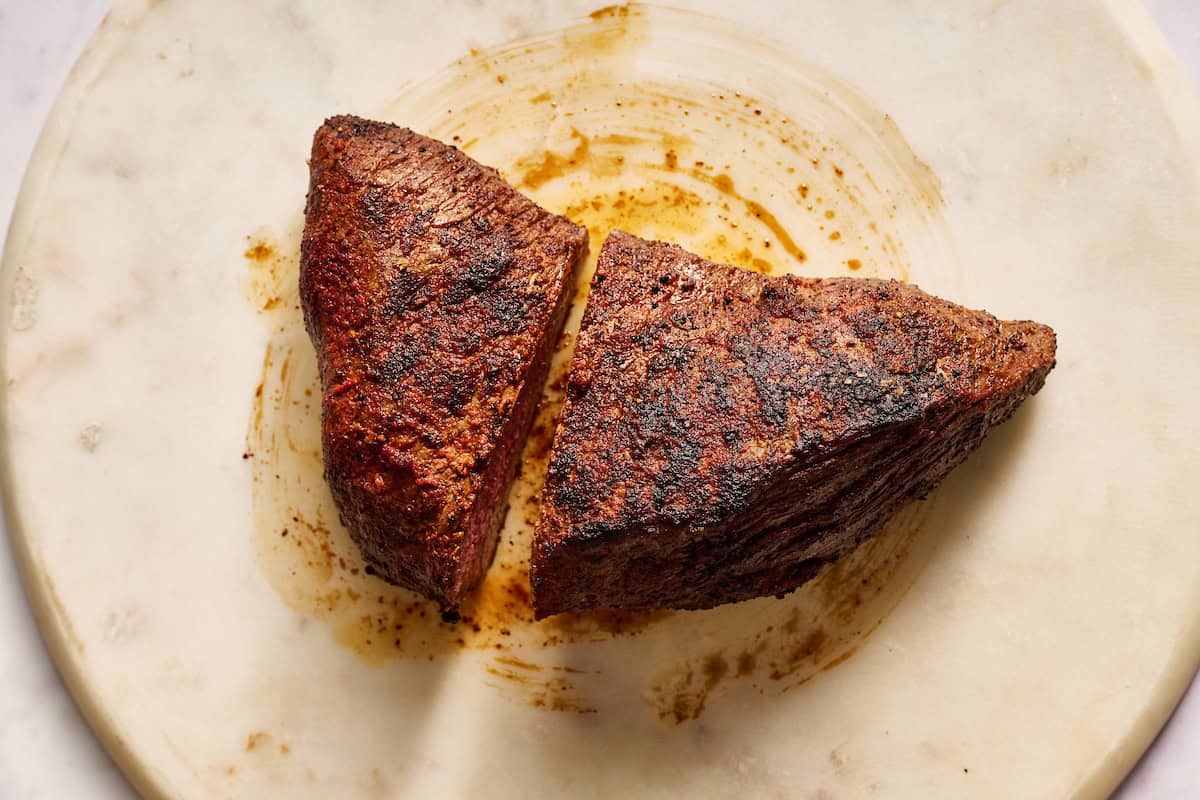 tri tip roast sliced in half at the break point