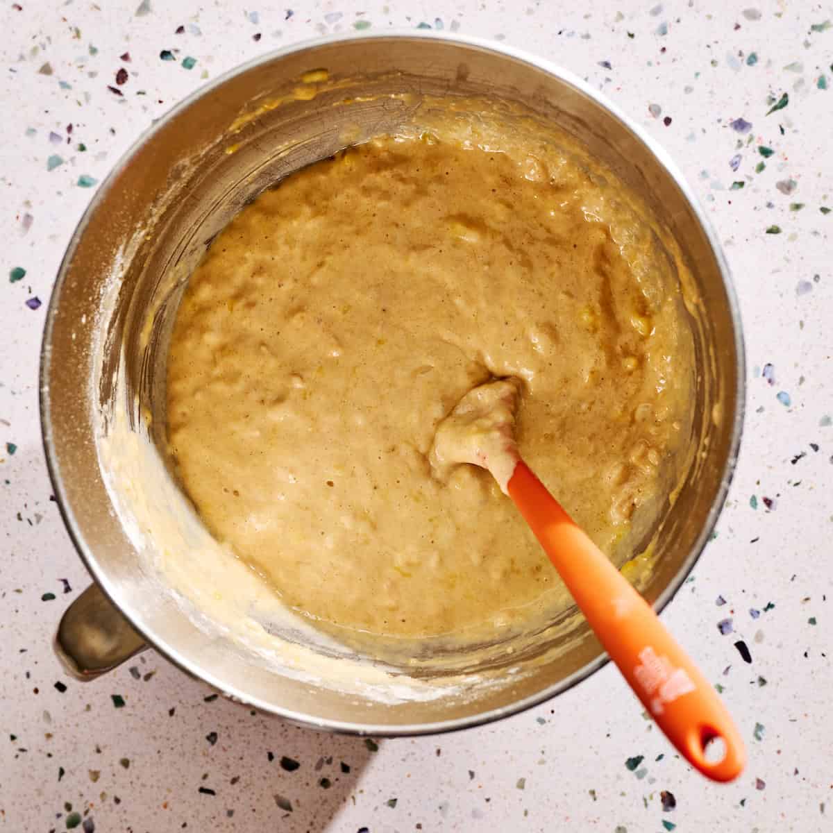 batter being mixed in a mixing bowl