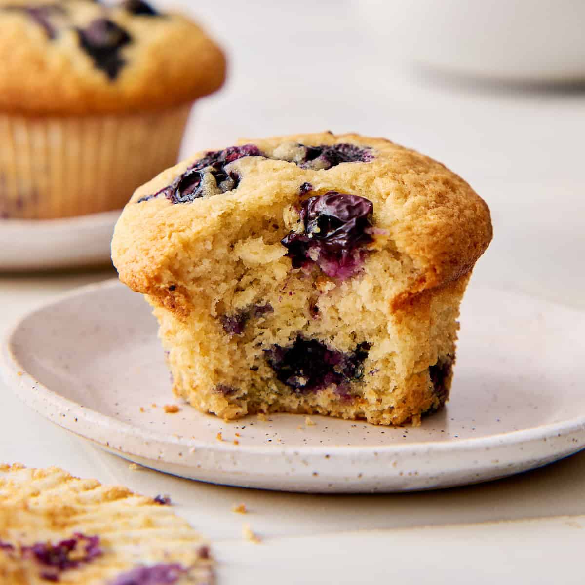 closeup of a single muffin with a bite taken out