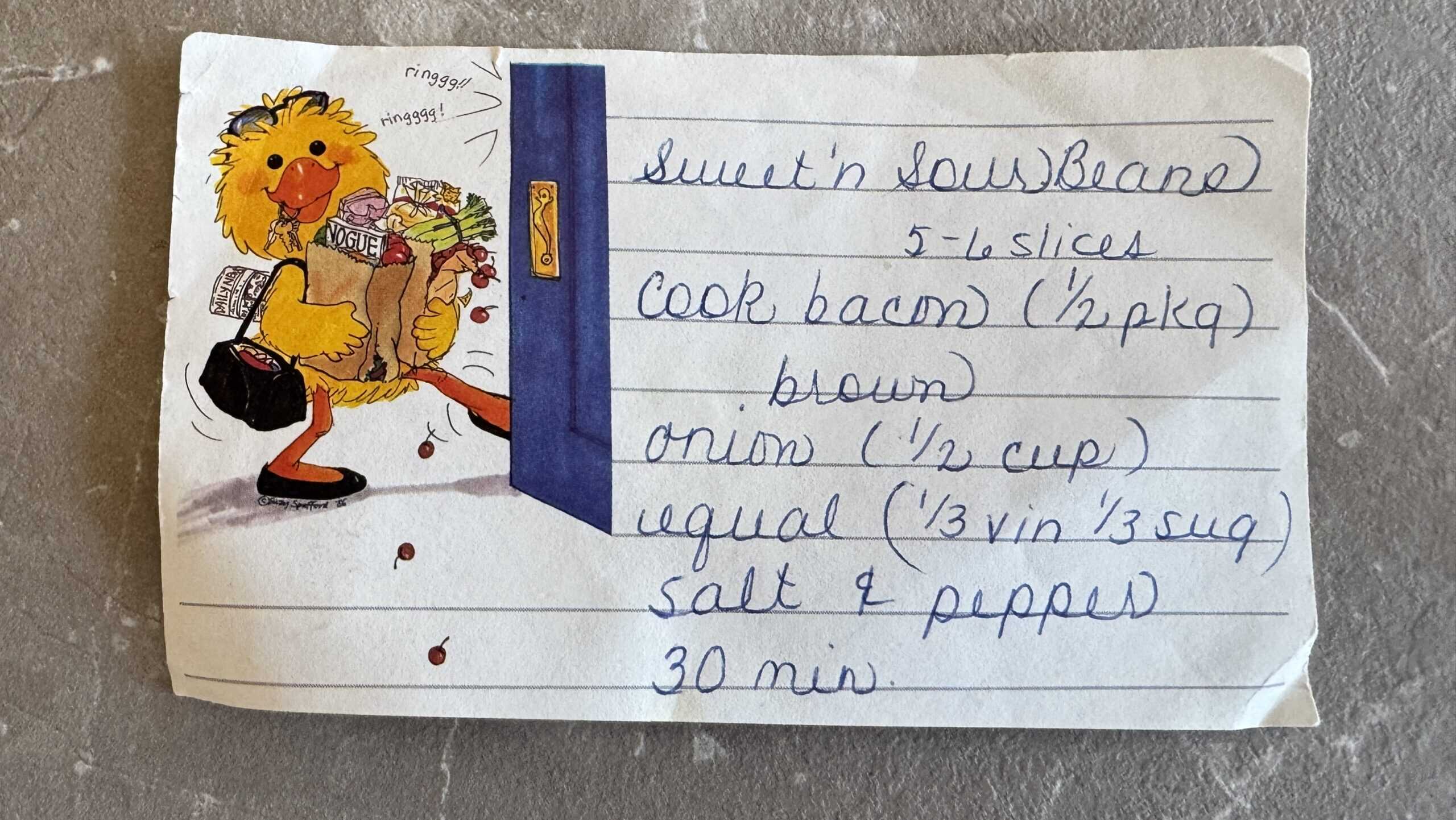 Mom's original recipe card for Sweet n Sour Beans