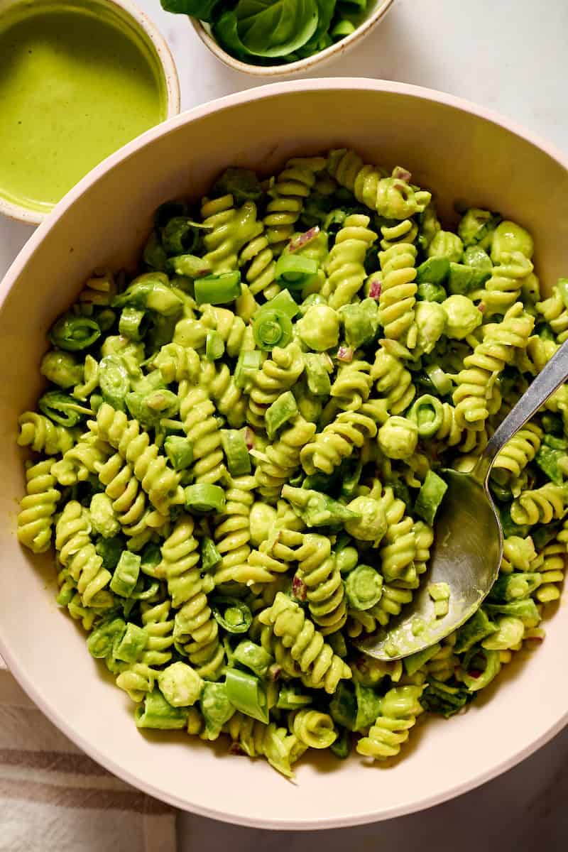 closeup of pasta salad with basil lime dressing