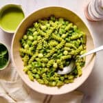 closeup of pasta salad with basil lime dressing