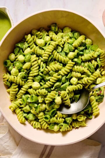 closeup of pasta salad with basil lime dressing