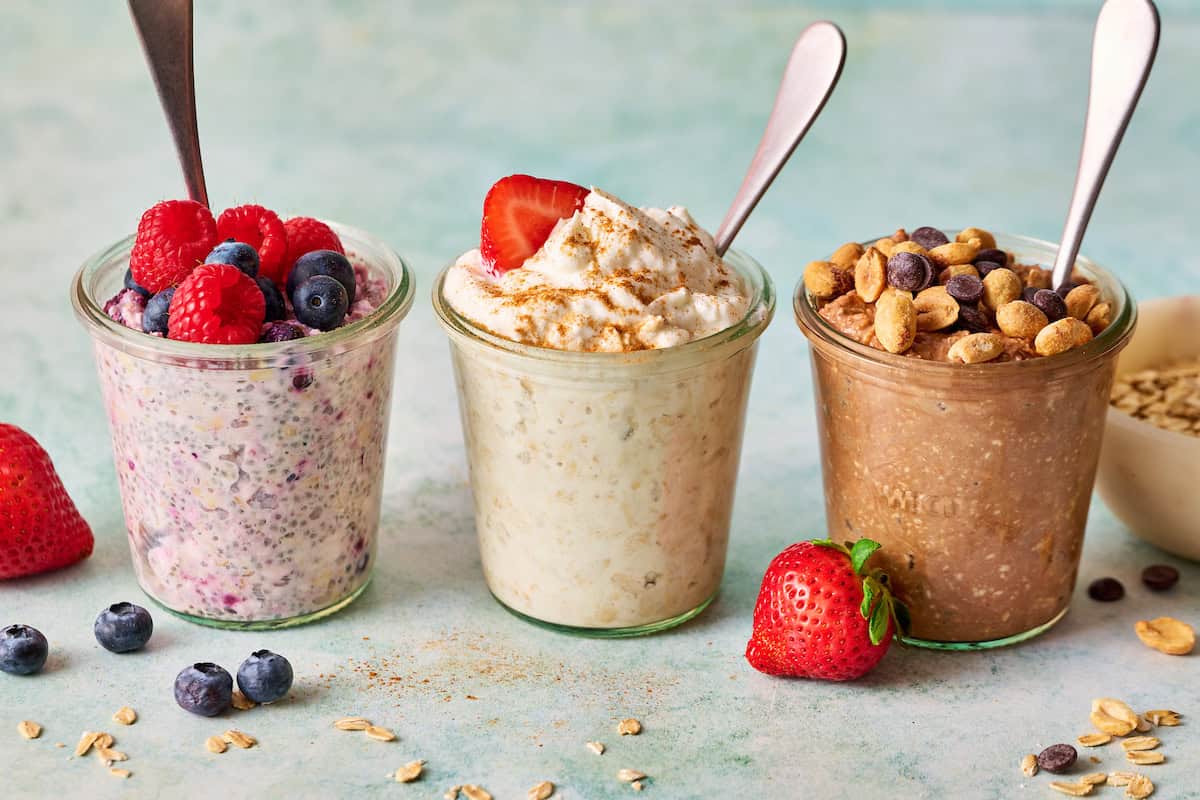 three varieties of overnight oats with cottage cheese