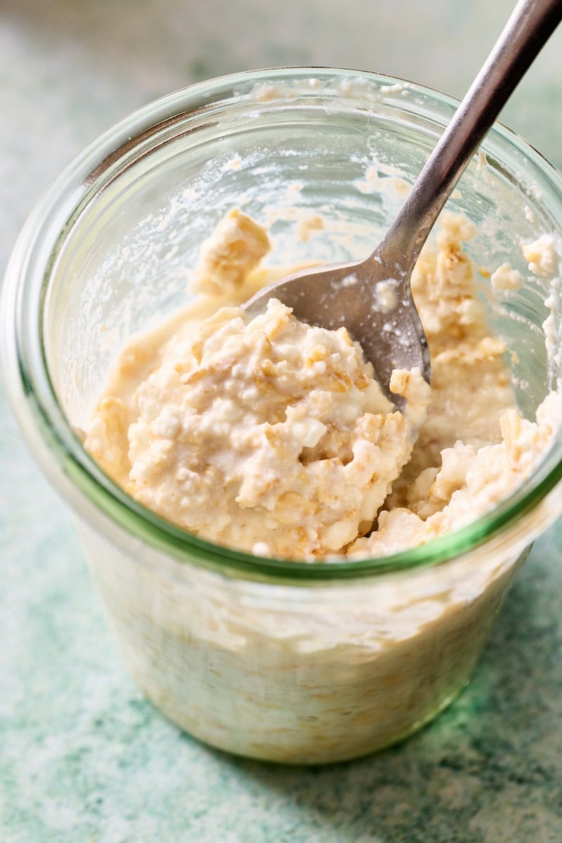 closeup of texture of overnight oats with cottage cheese