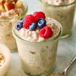 three varieties of greek yogurt overnight oats including regular, apple cinnamon and lemon poppyseed