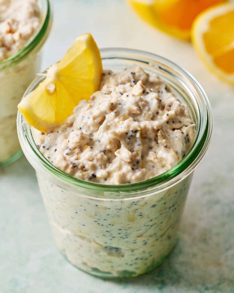 jar of lemon poppyseed overnight oats