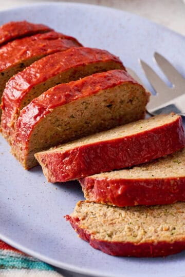 Turkey meatloaf sliced on a serving platter