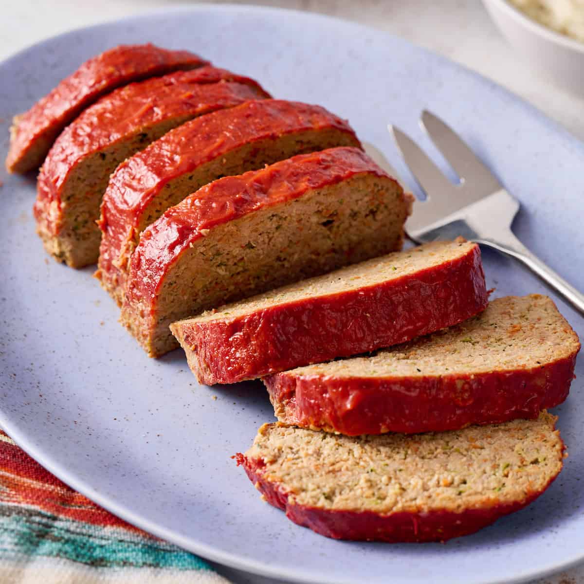 Turkey meatloaf sliced on a serving platter