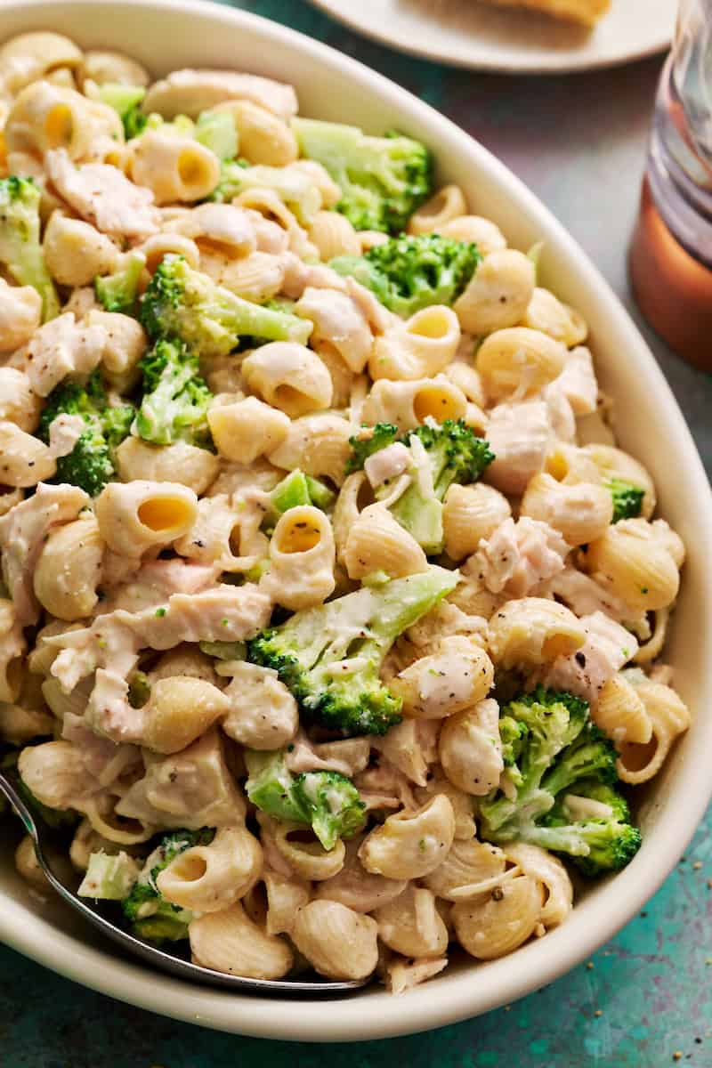 closeup of Chicken and Broccoli Pasta Salad in a serving bowl
