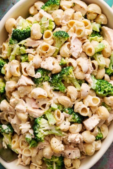 Chicken and Broccoli Pasta Salad being served