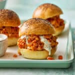 buffalo chicken sloppy joes on homemade sourdough rolls with blue cheese dressing