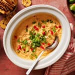 low-carb buffalo chicken dip in a crock pot topped with pimentos