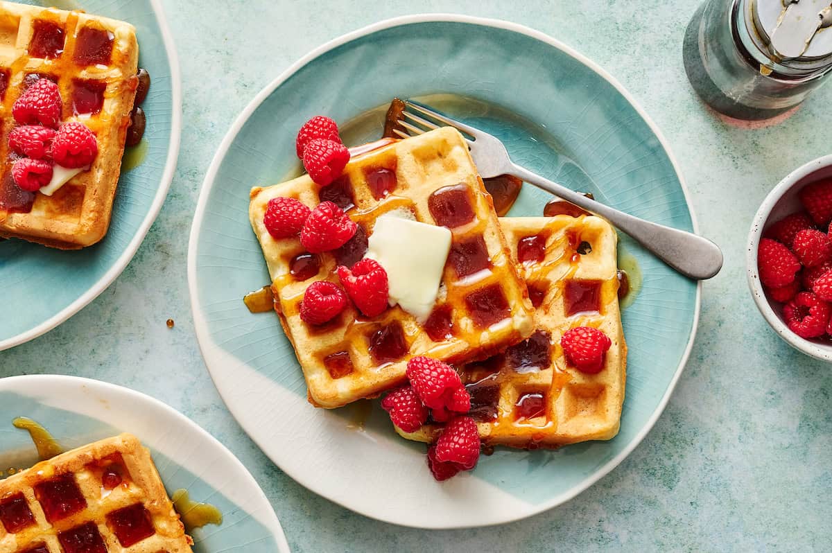 sourdough discard waffles with berries and syrup