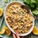 Tuna pasta salad in a large serving bowl